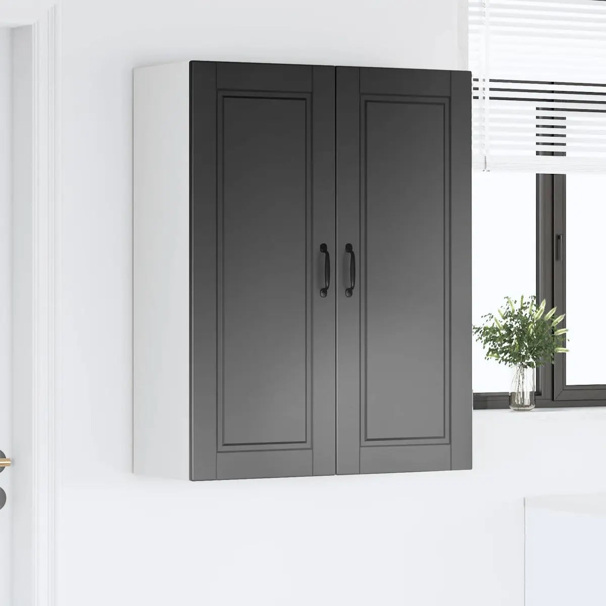 Wall Cabinet Engineered Wood Black Vertical Storage Multiple Compartments Shelves