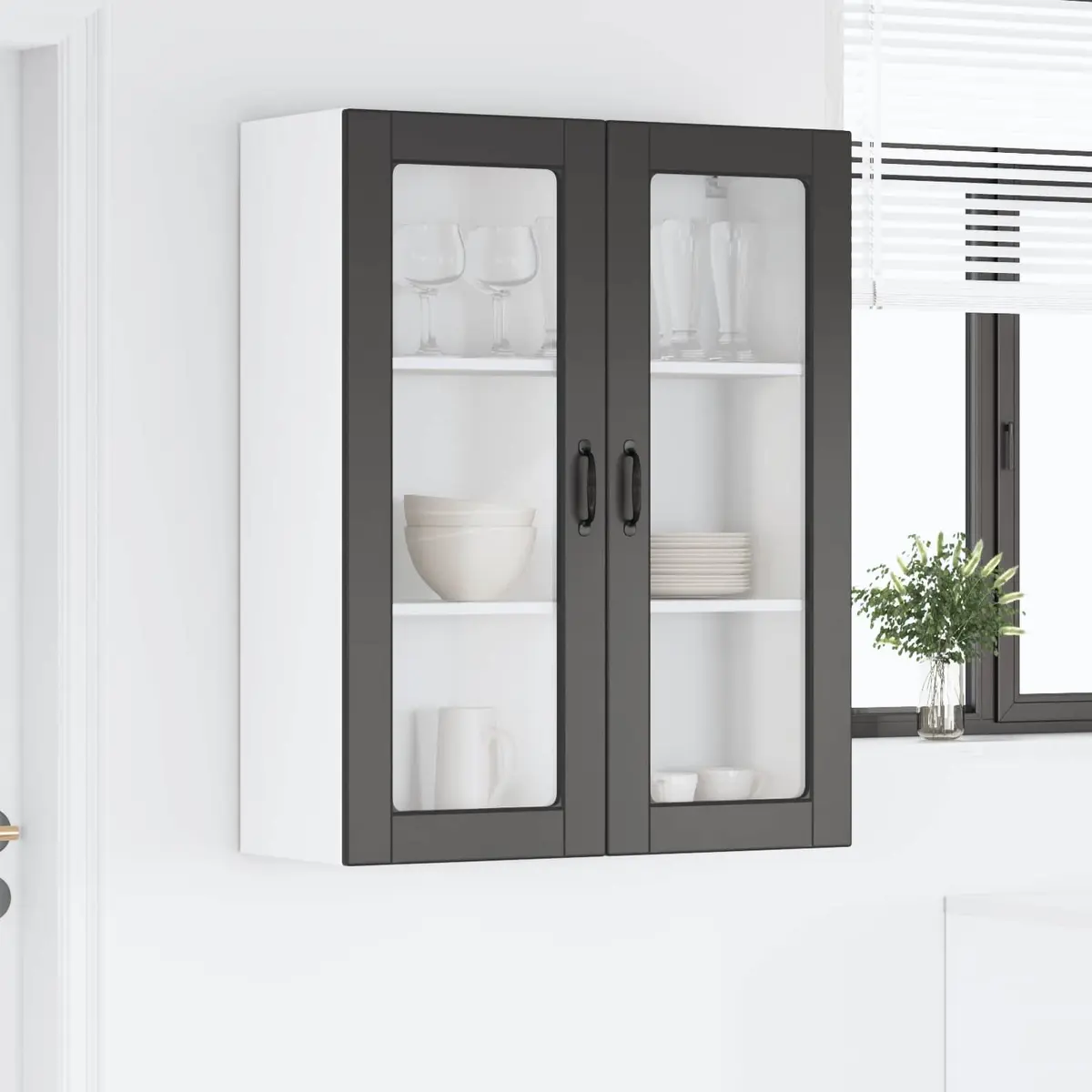 Wall Glass Cabinet Kitchen Storage PORTO Black 80x31x100cm Engineered Wood
