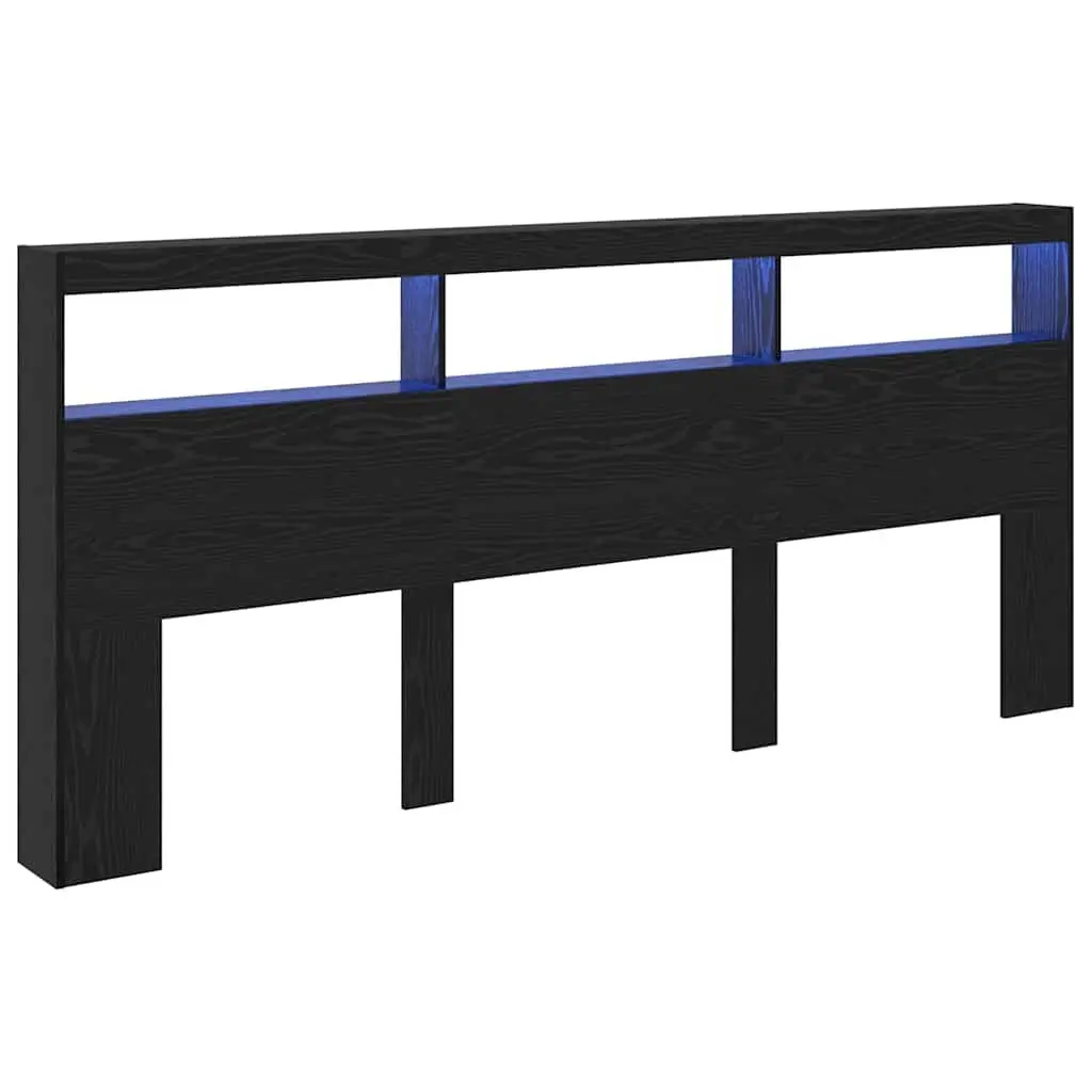 Modern Headboard Black Oak Engineered Wood LED Light USB 220cm Bedroom Furniture