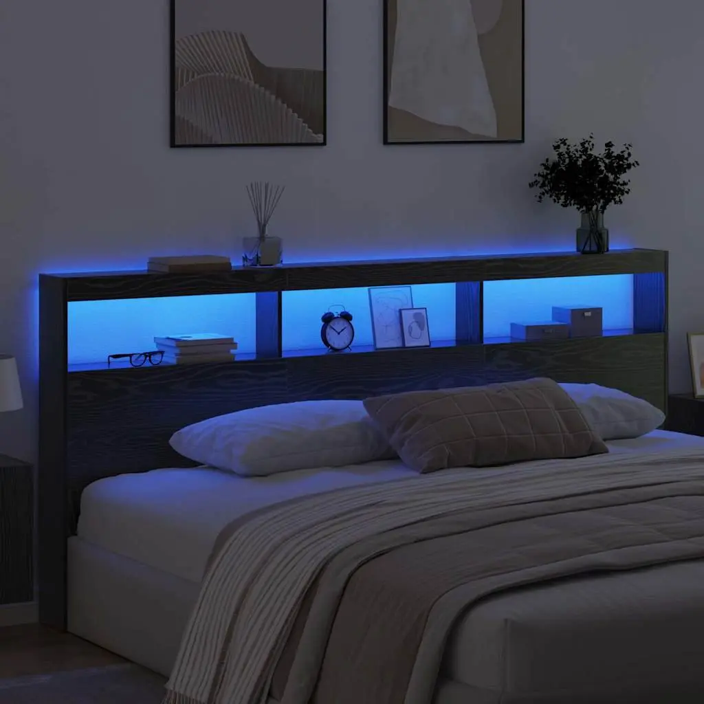 Modern Headboard Black Oak Engineered Wood LED Light USB 220cm Bedroom Furniture
