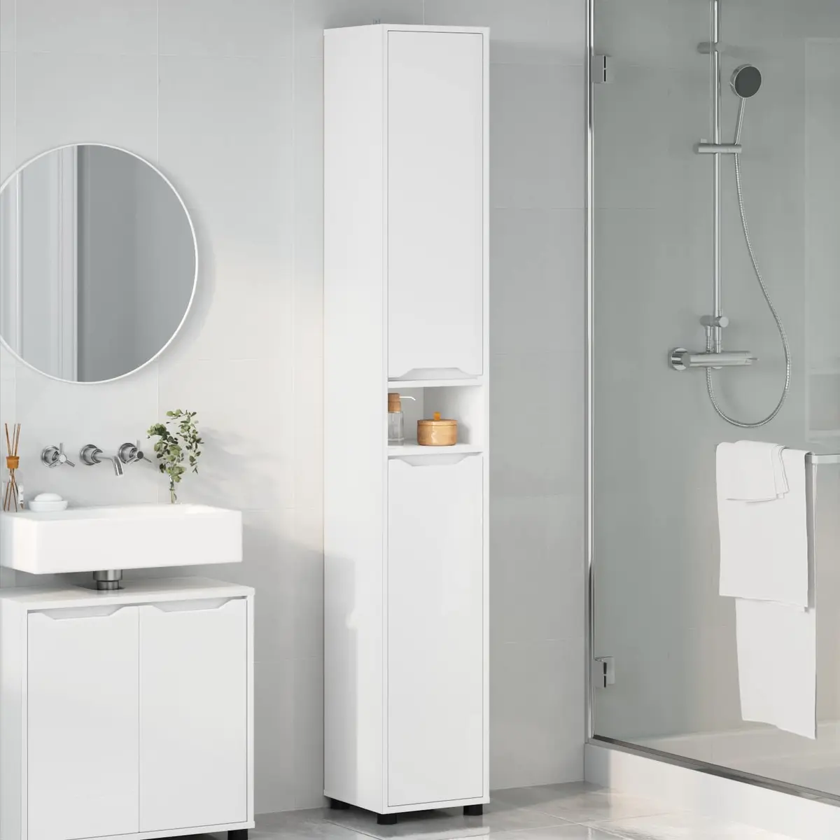 Bathroom Vanity Cabinet Engineered Wood 30.5 x 30 x 195 cm White Modern Storage Unit