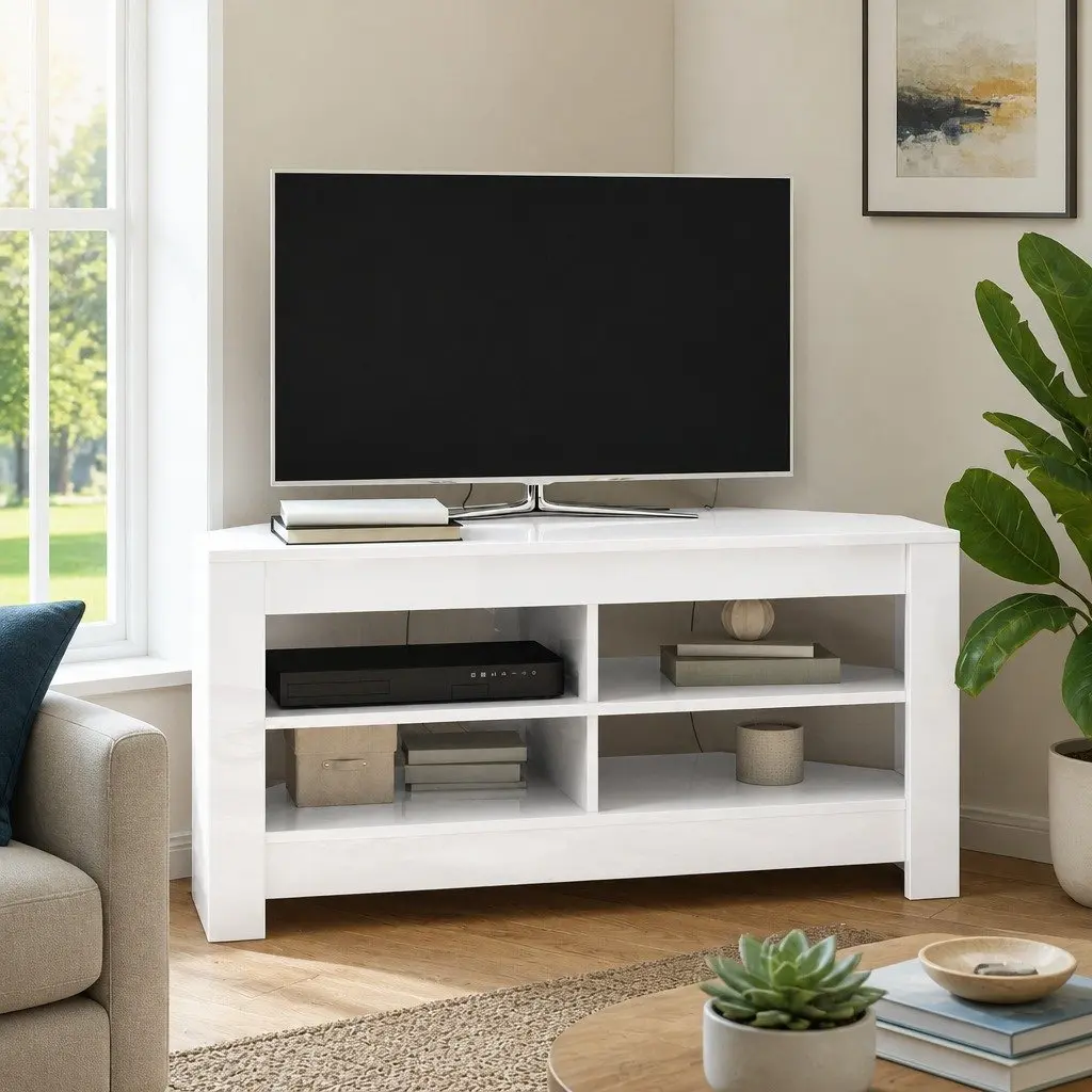 Corner TV Cabinet Engineered Wood Compact High Gloss White