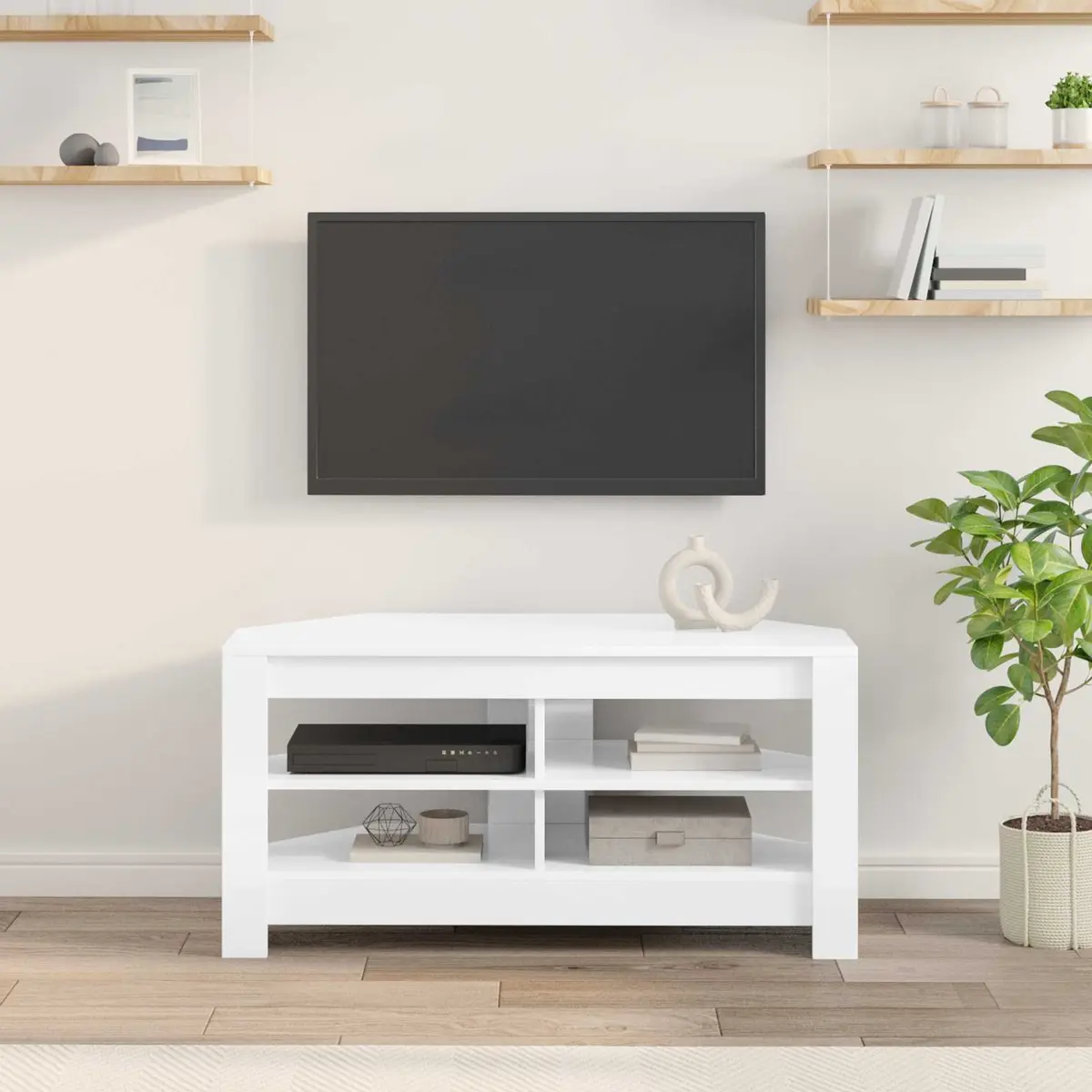 Corner TV Cabinet Engineered Wood Compact High Gloss White