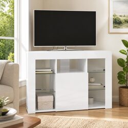 Corner LED TV Cabinet Wall-mounted High Gloss White Modern Living Room Storage