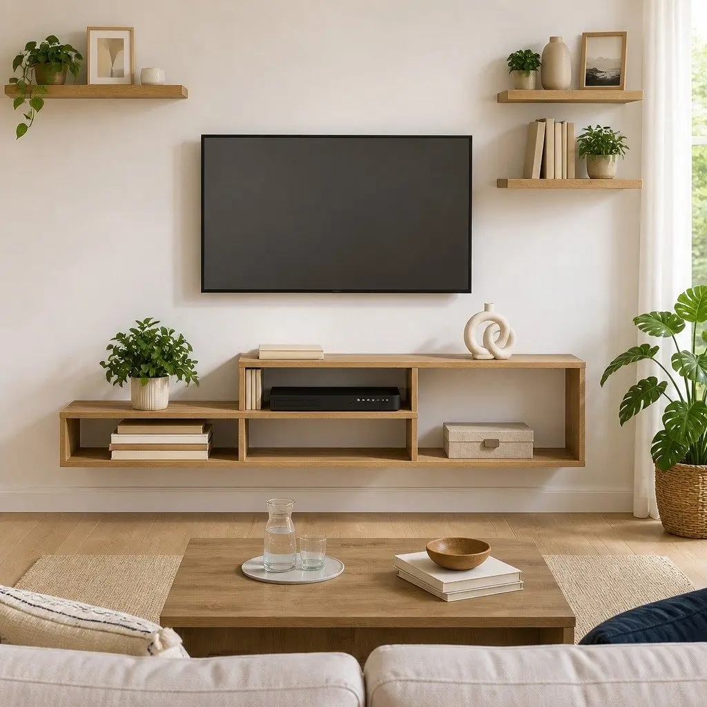 Wall Mounted TV Stand Engineered Wood 150x25x28.5cm Brown Storage Unit with Shelves for Media and Decorative Items