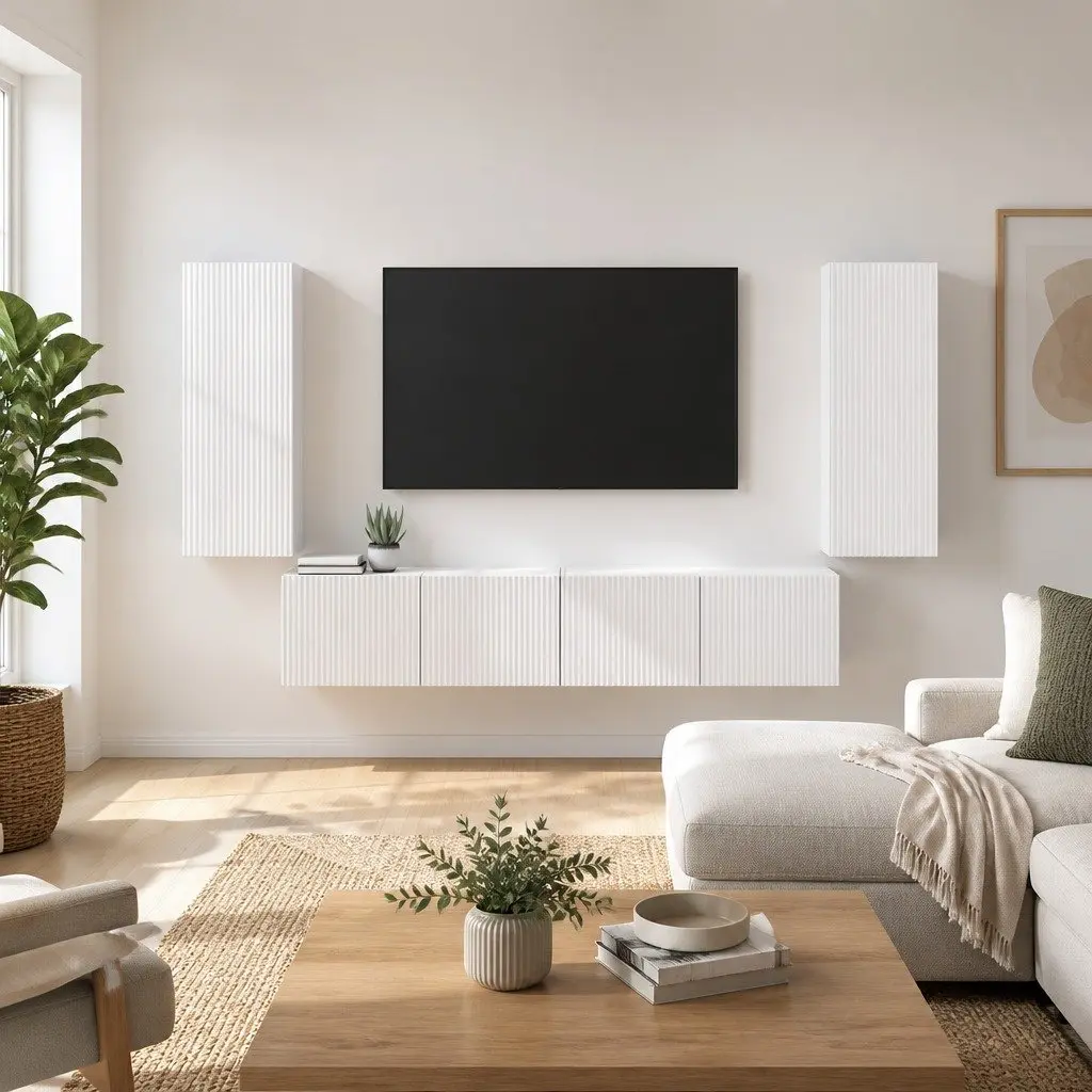 TV Wall Cabinet 2 Pieces White Modern Wall Mount Storage Unit Living Room