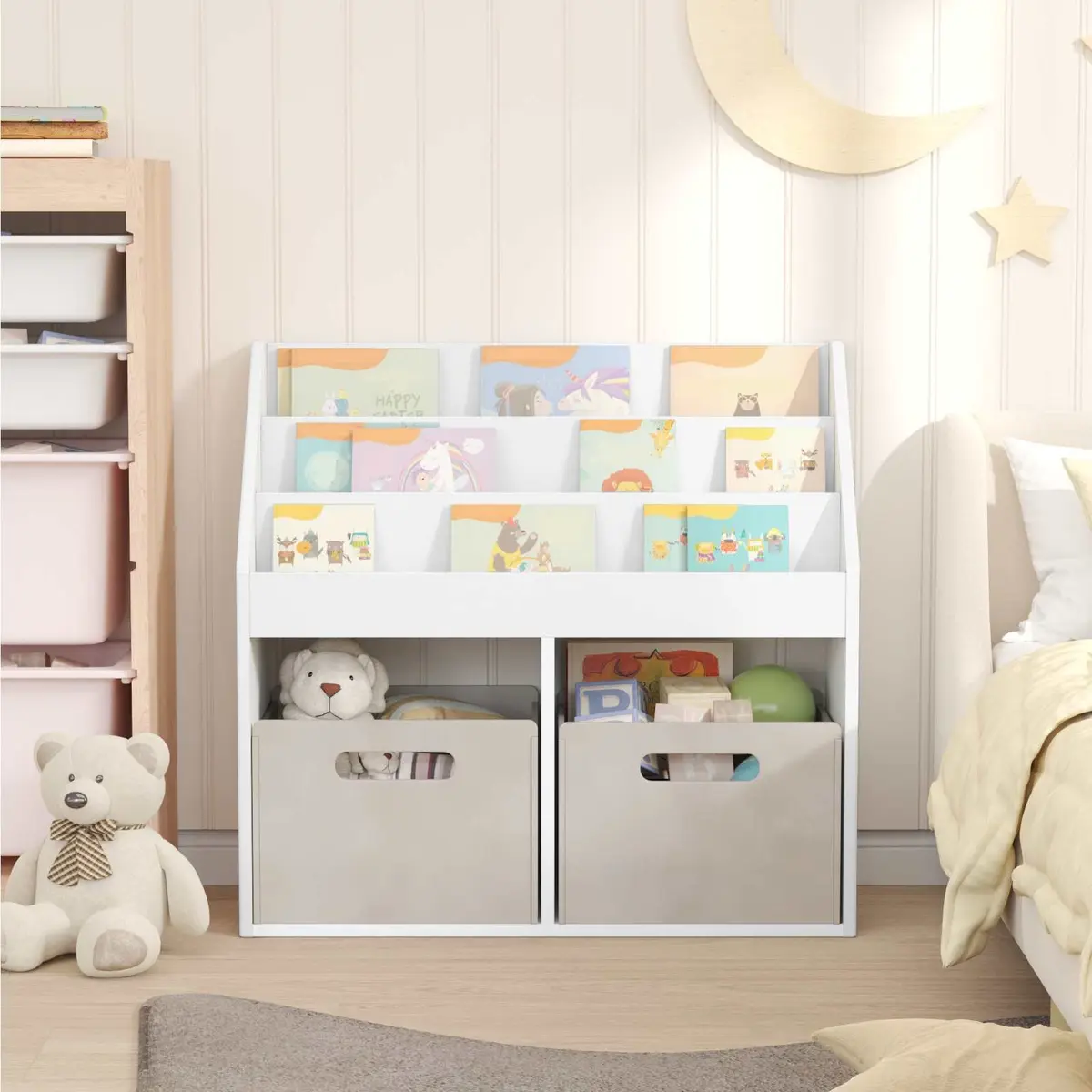 Kids Bookshelf Engineered Wood 72.5 x 29.5 x 69 cm White Modern Storage Cabinet Shelving Unit