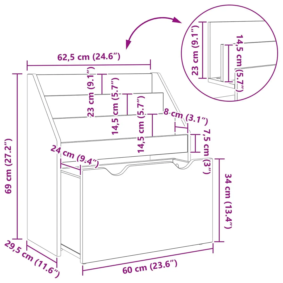 Kids Bookshelf Engineered Wood 60 x 29.5 x 69 cm White Storage Cabinet Shelves Drawers