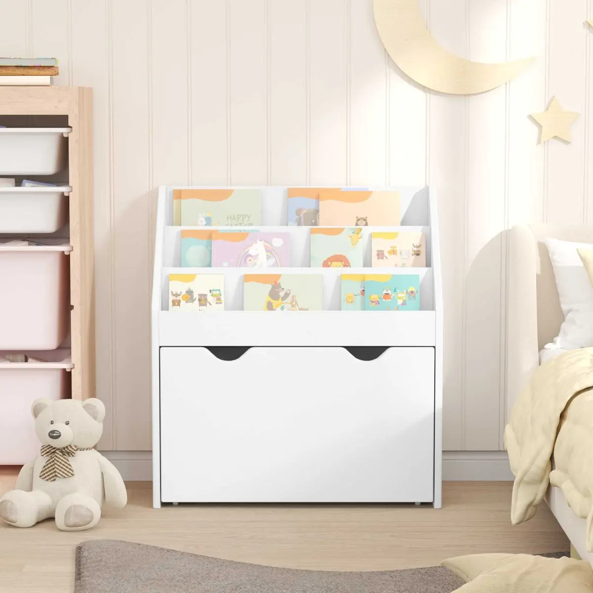 Kids Bookshelf Engineered Wood 60 x 29.5 x 69 cm White Storage Cabinet Shelves Drawers