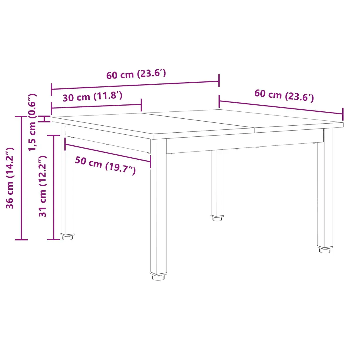 Solid Pine Wood Coffee Table Brown Square 60cm x 60cm x 36cm