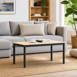 Coffee Table Modern Design Solid Pine Wood Top Square Metal Legs Living Room