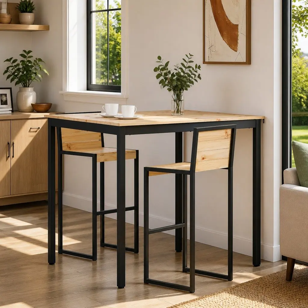 Bar Table Solid Pine Wood Brown Metal Legs H-Shaped Support 110cm