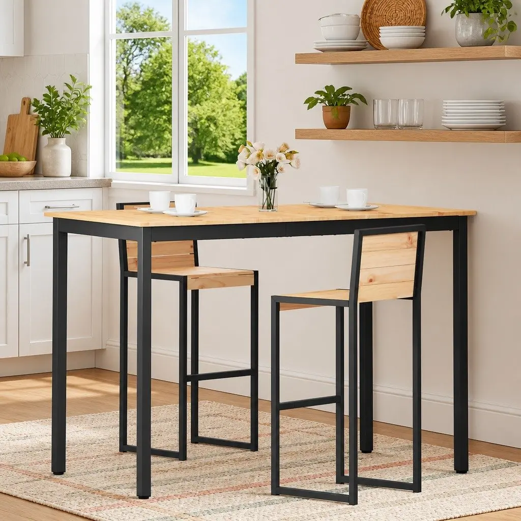 Bar Table Kitchen Dining Room Furniture Metal Legs Solid Pine Wood Surface 150x80x105cm