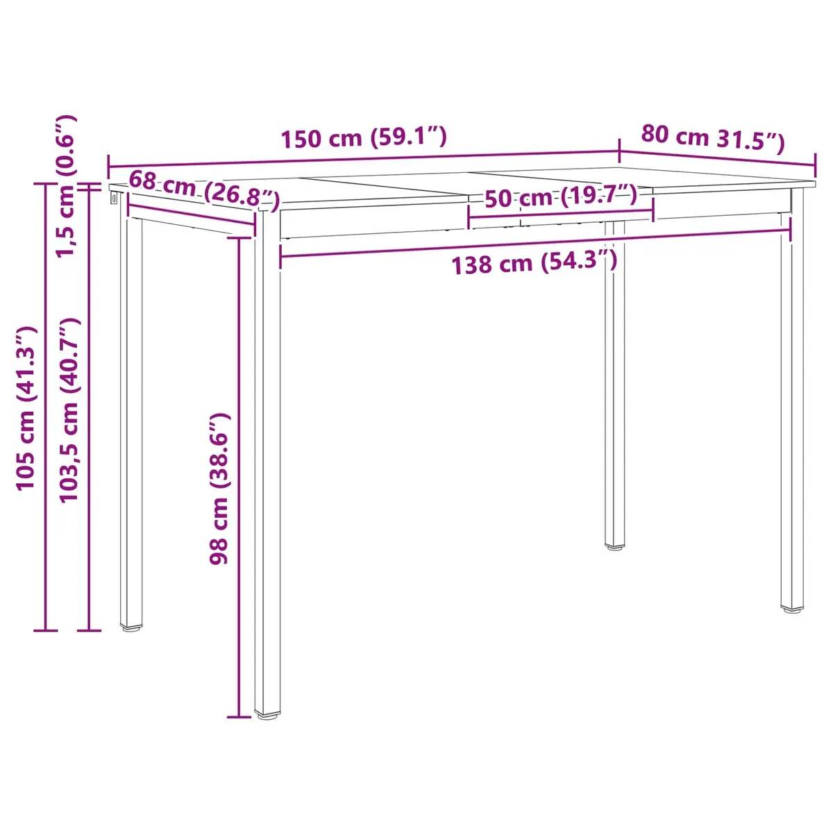 Bar Table Kitchen Dining Room Furniture Metal Legs Solid Pine Wood Surface 150x80x105cm