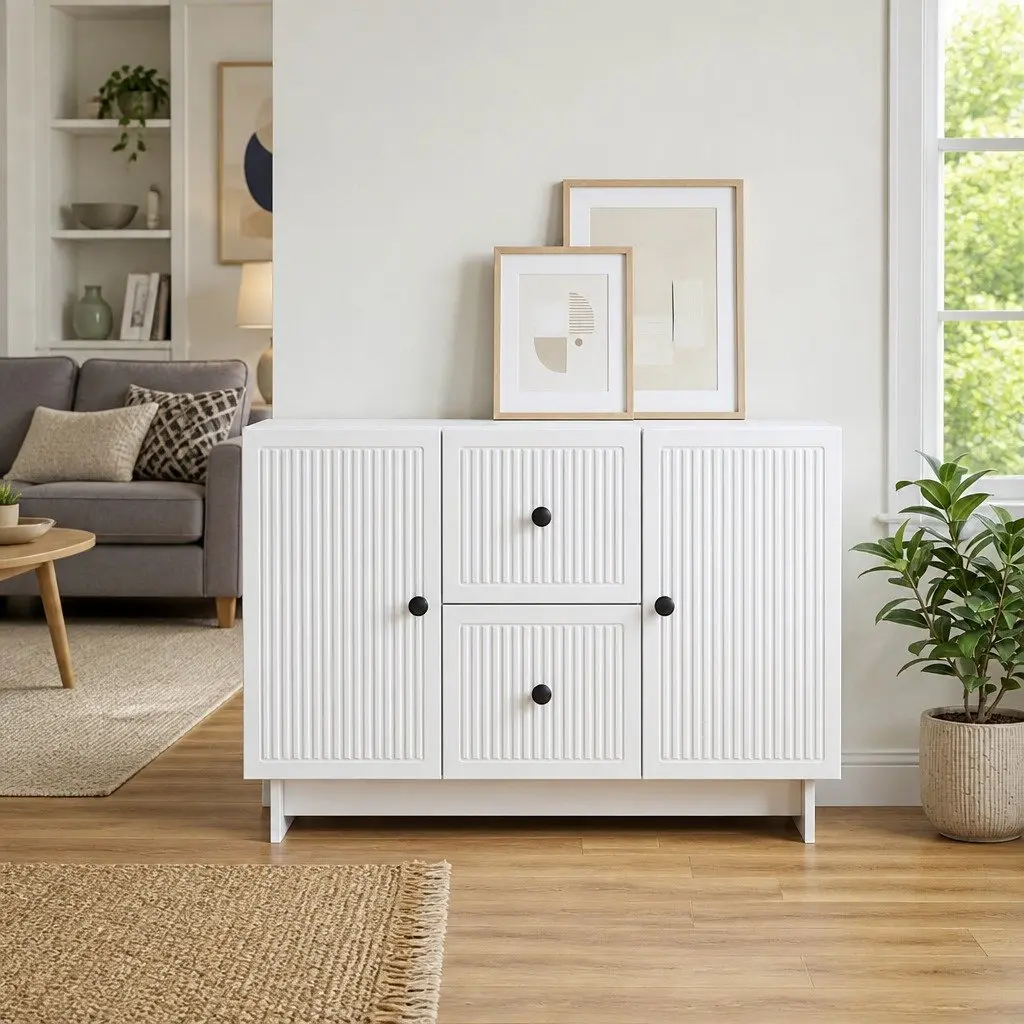 Sideboard White Modern Storage Cabinet with Drawers Shelves Swing Doors