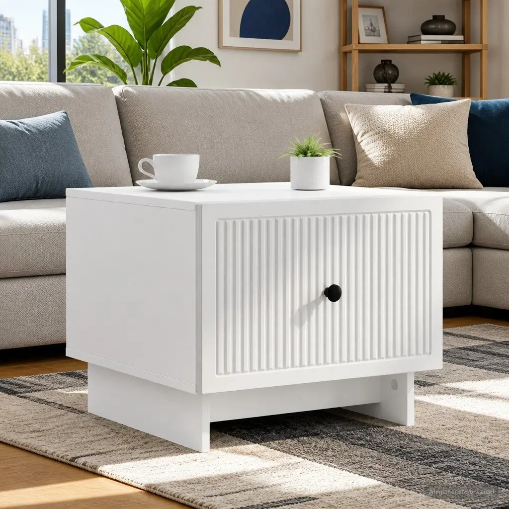 Coffee Table Engineered Wood White Modern Accent Furniture with Drawer and Stripe Border 49x50x40cm