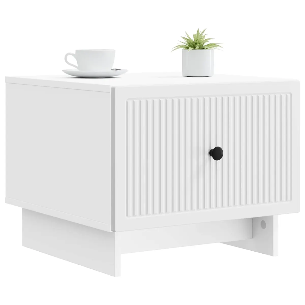 Coffee Table Engineered Wood White Modern Accent Furniture with Drawer and Stripe Border 49x50x40cm