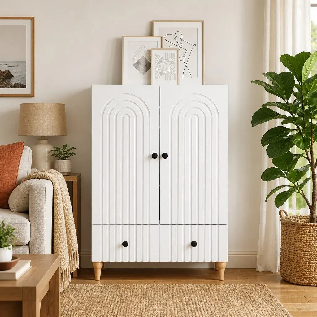 White Sideboard Engineered Wood 66 x 34.5 x 95 cm Modern Storage Cabinet