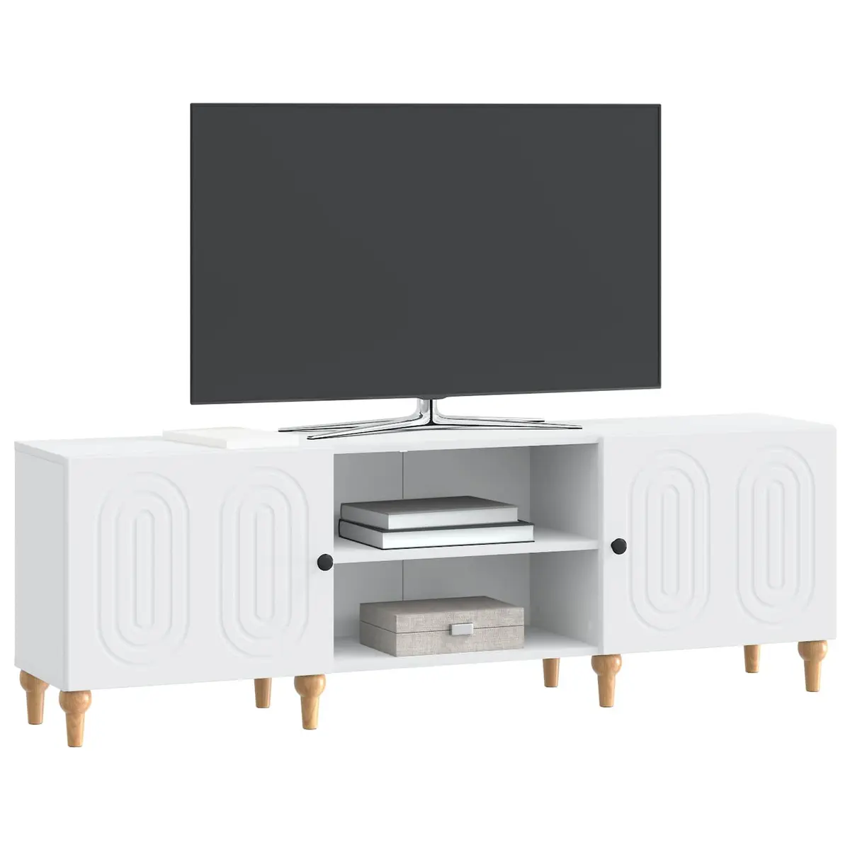 TV Cabinet Engineered Wood White Modern Living Room Storage Unit with Utility Shelves and Swinging Doors 150x31x50cm