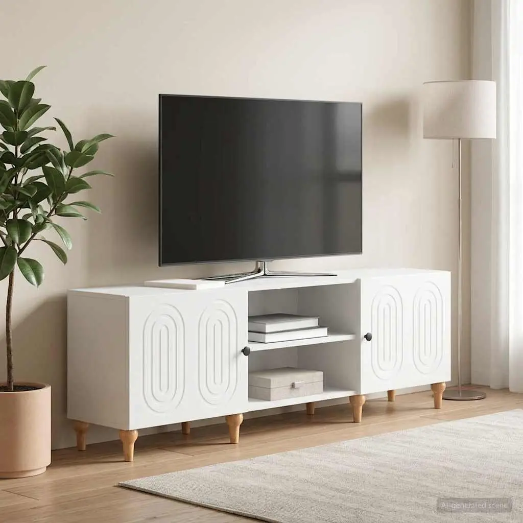 TV Cabinet Engineered Wood White Modern Living Room Storage Unit with Utility Shelves and Swinging Doors 150x31x50cm