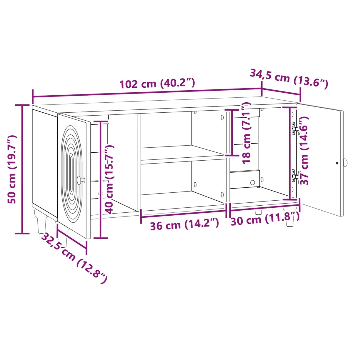 TV Cabinet Engineered Wood 102x34.5x50cm White Modern Living Room Media Storage Unit