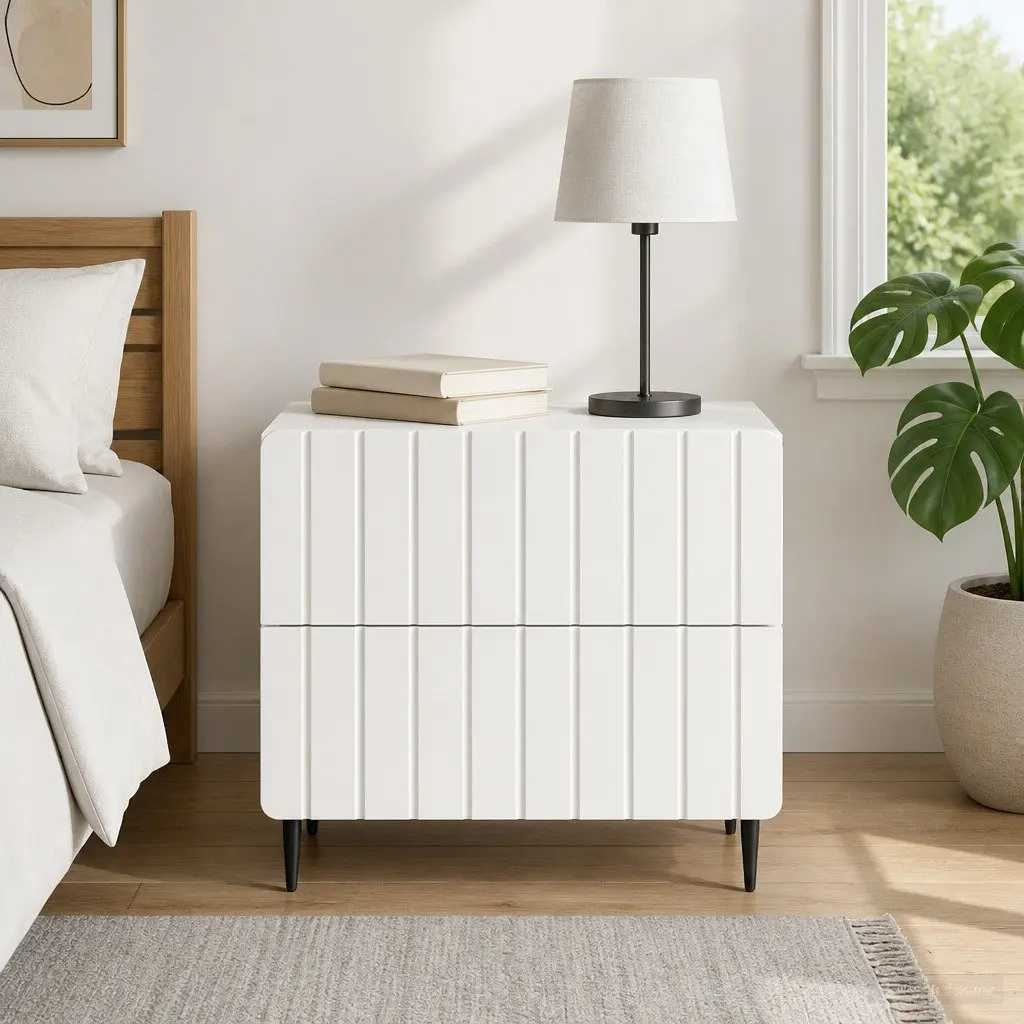 Bedside Cabinet Engineered Wood Compact White Nightstand with Striped Pattern and Iron Legs