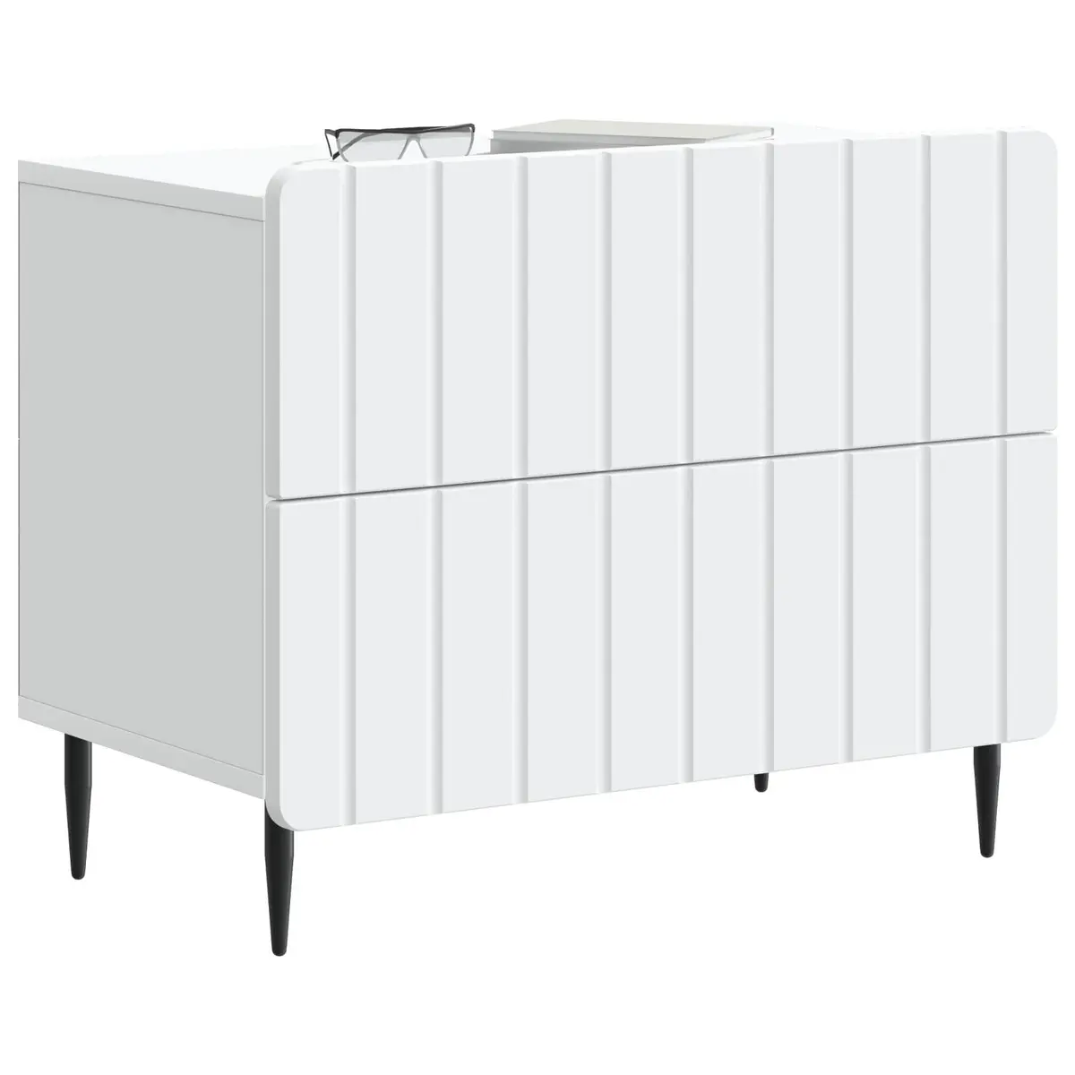 Bedside Cabinet Engineered Wood Compact White Nightstand with Striped Pattern and Iron Legs