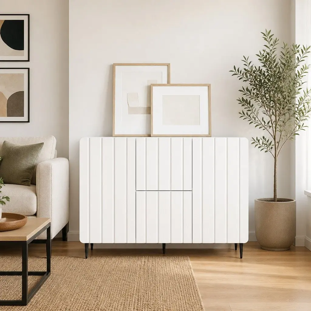 Sideboard Engineered Wood White 89cm Storage Cabinet with Smooth Roll-Out Drawers and Black Steel Legs
