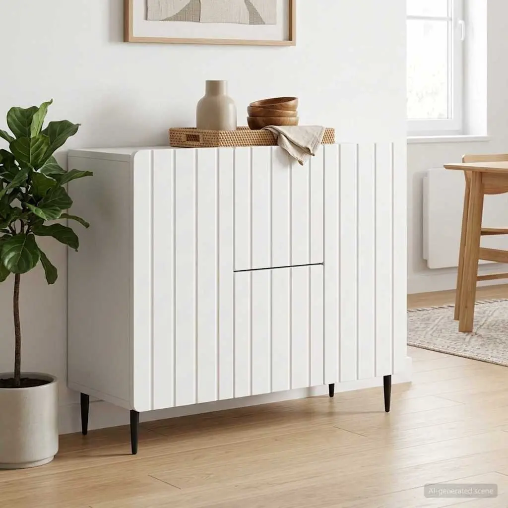 Sideboard Engineered Wood White 89cm Storage Cabinet with Smooth Roll-Out Drawers and Black Steel Legs