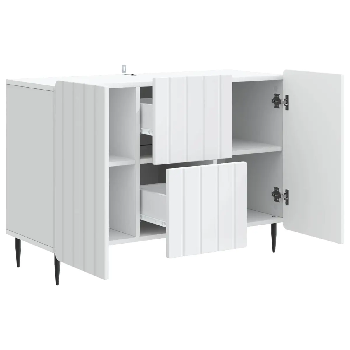 Sideboard Engineered Wood White 89cm Storage Cabinet with Smooth Roll-Out Drawers and Black Steel Legs