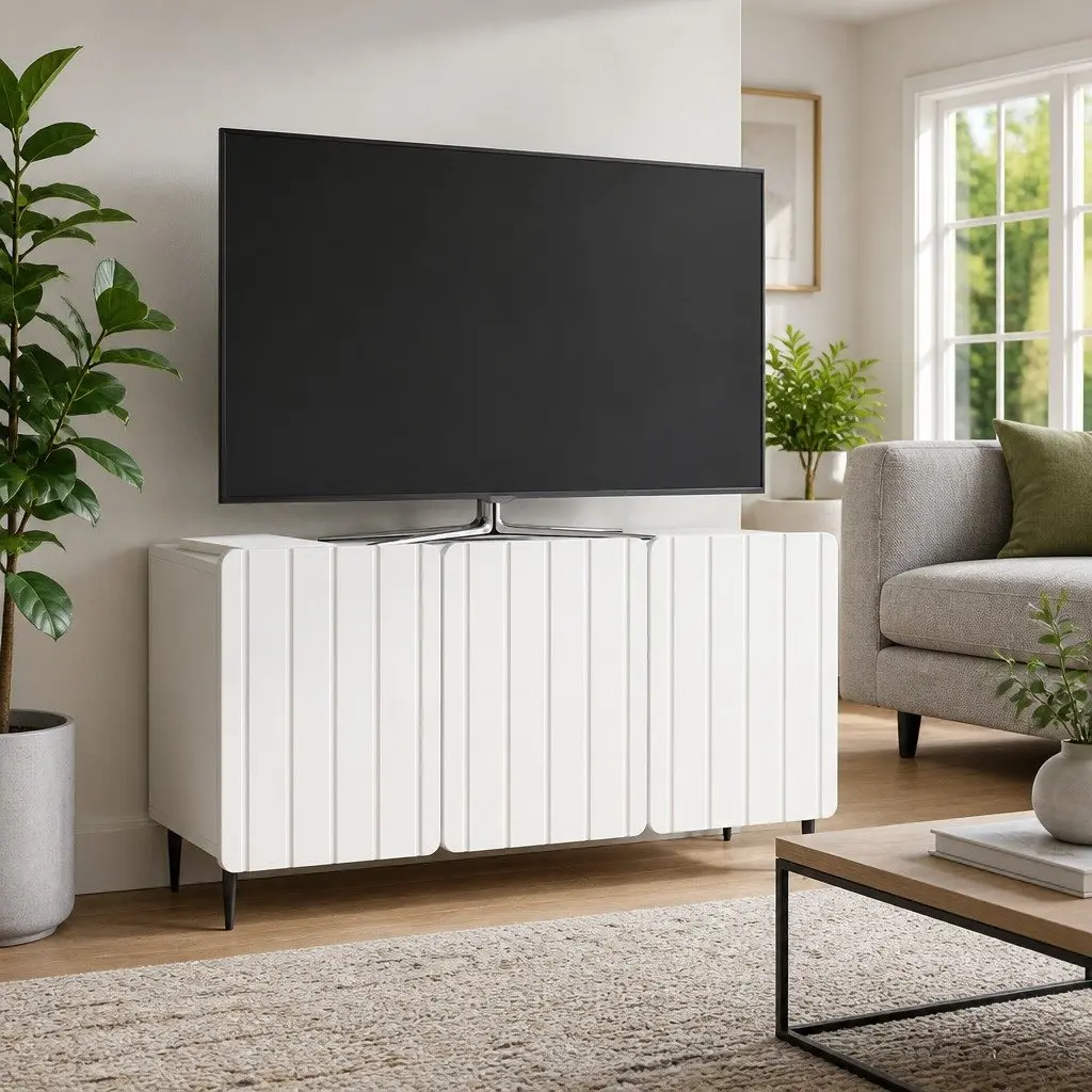 TV Cabinet White Modern Storage Unit Engineered Wood Swing Doors Steel Legs