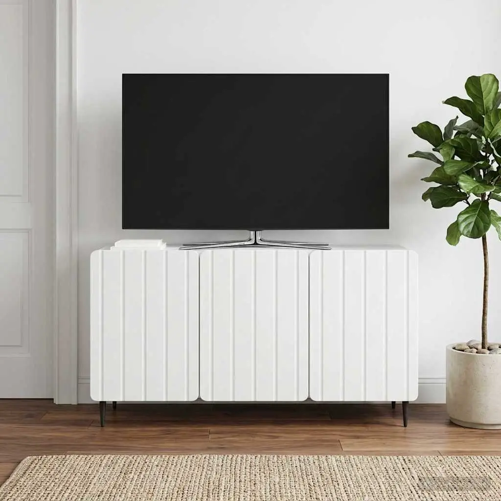 TV Cabinet White Modern Storage Unit Engineered Wood Swing Doors Steel Legs
