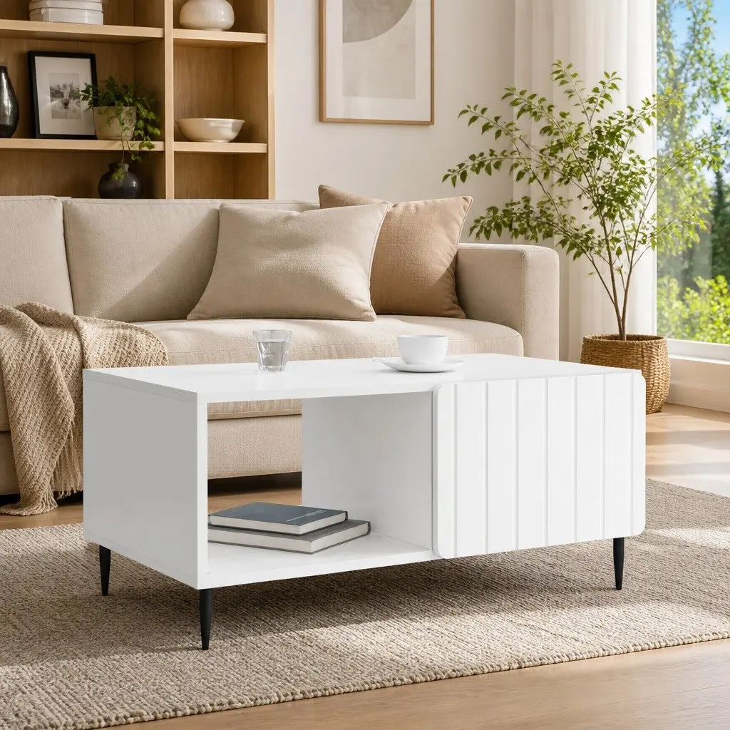 Coffee Table Rectangular White Engineered Wood with Metal Legs Storage Space 90x50x40cm