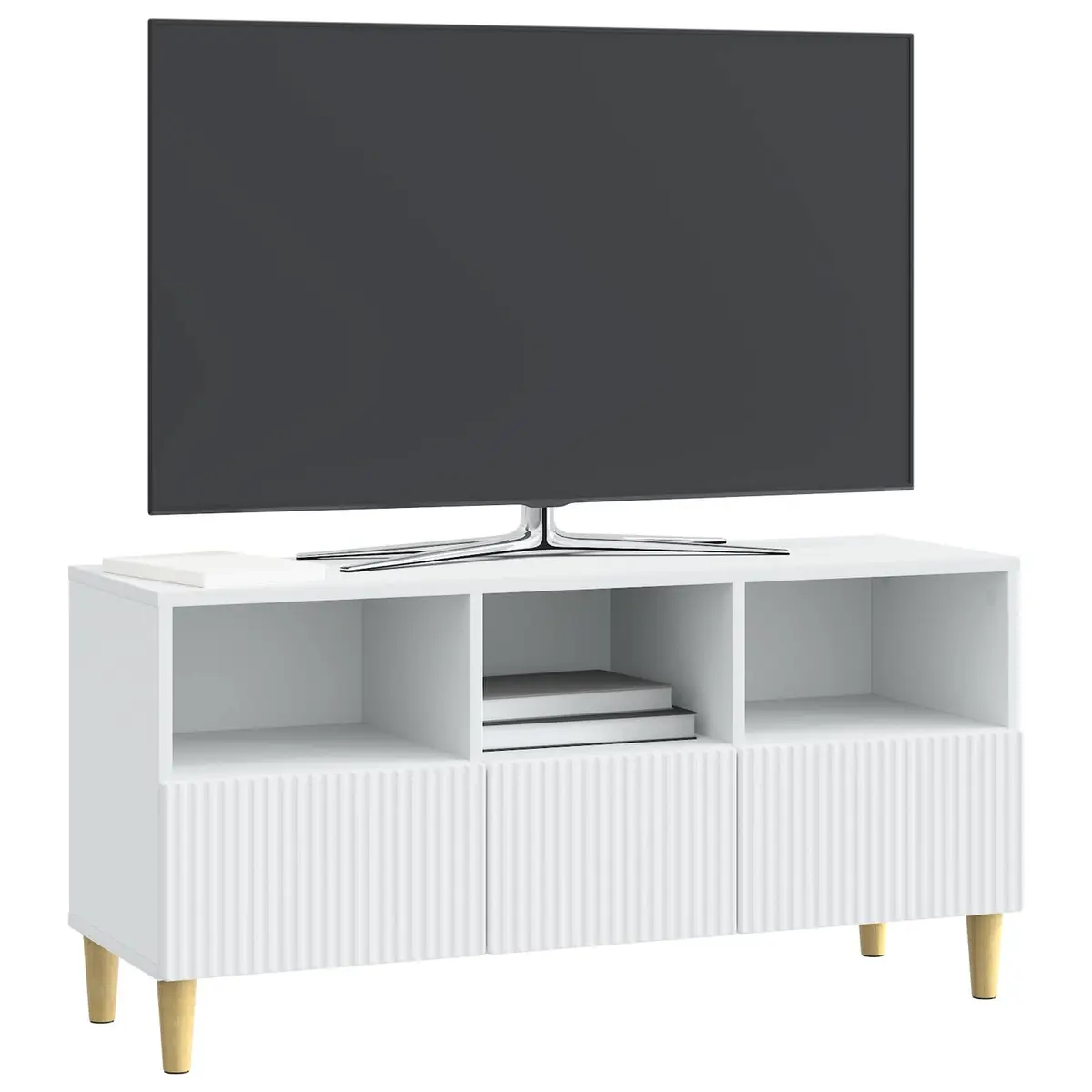 TV Cabinet Engineered Wood 102cm White with Drawer and Brown Tapered Legs