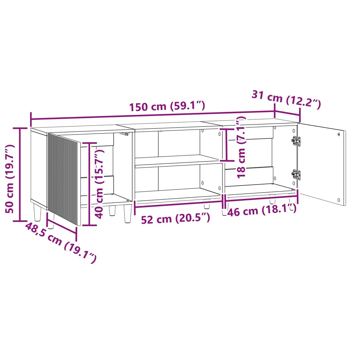 TV Stand Engineered Wood 150cm White Modern Living Room Storage Unit with Swing Doors and Board Shelves