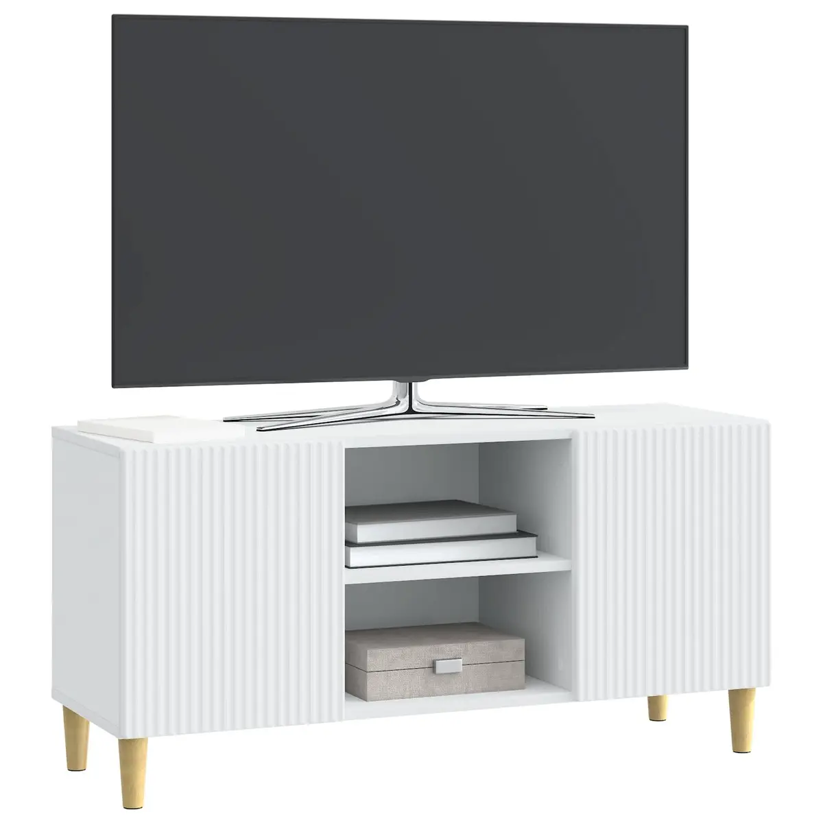 TV Cabinet White Modern Living Room Media Storage Unit with Swing Doors