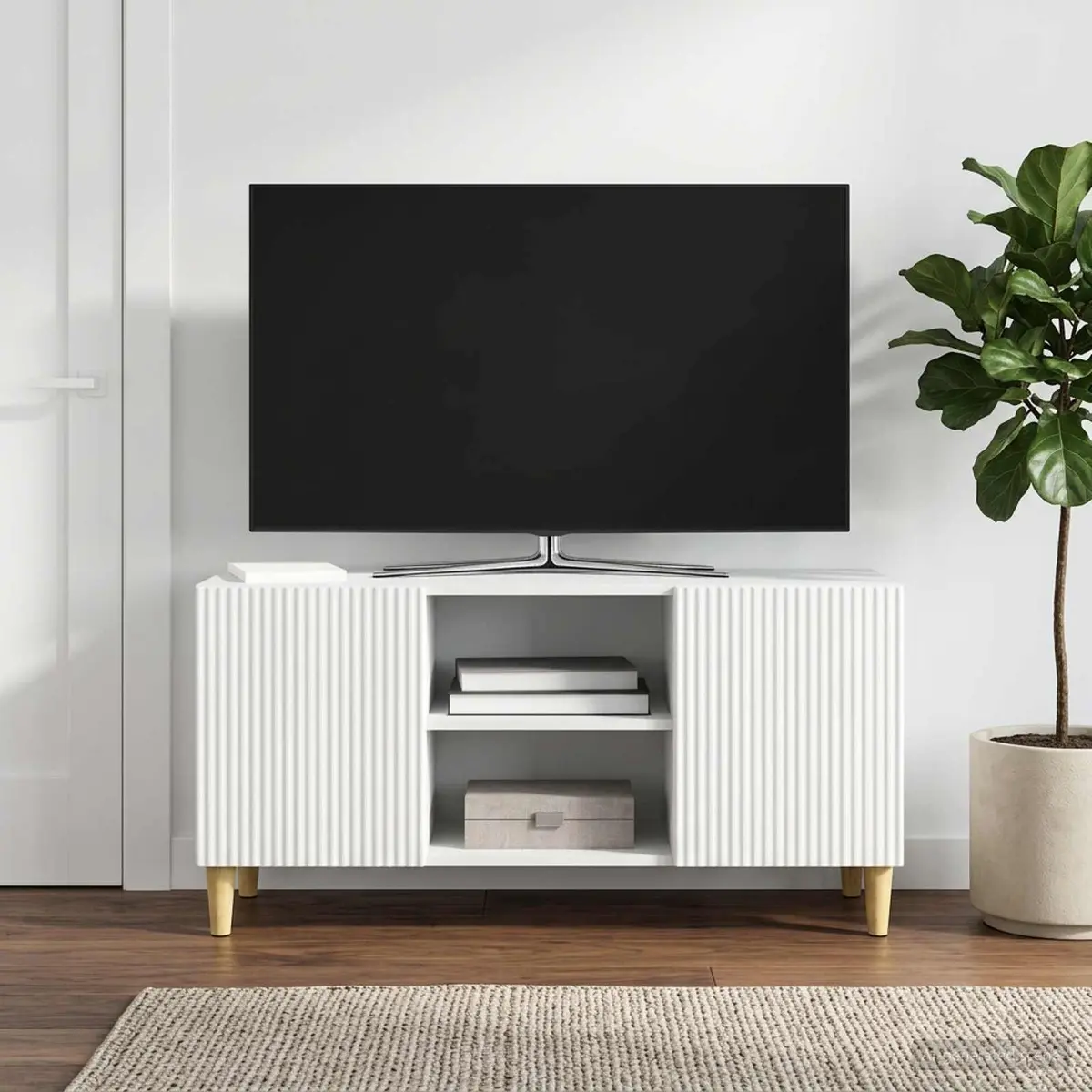 TV Cabinet White Modern Living Room Media Storage Unit with Swing Doors