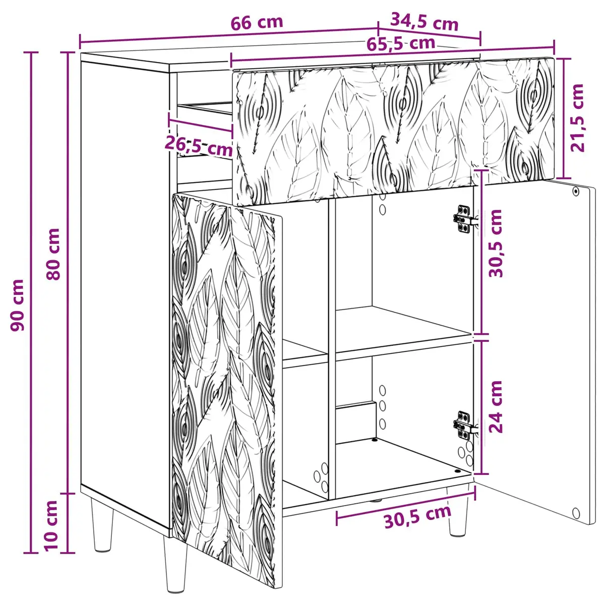 White Sideboard Storage Cabinet 66cm Wide Engineered Wood Swing Doors Shelves