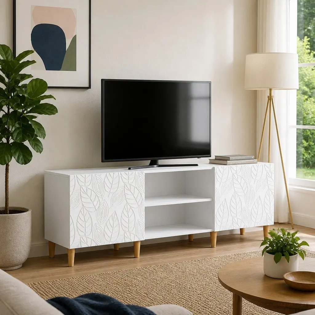 TV Cabinet Engineered Wood 150cm White Vintage Style Living Room Storage Unit