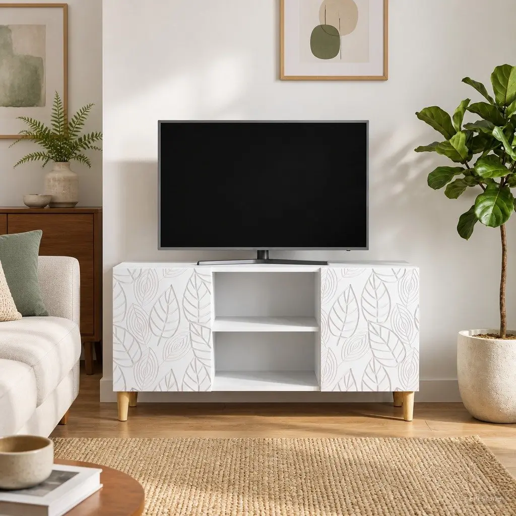 White Engineered Wood TV Stand Living Room Storage Unit with Swing Doors 102x34.5x50cm