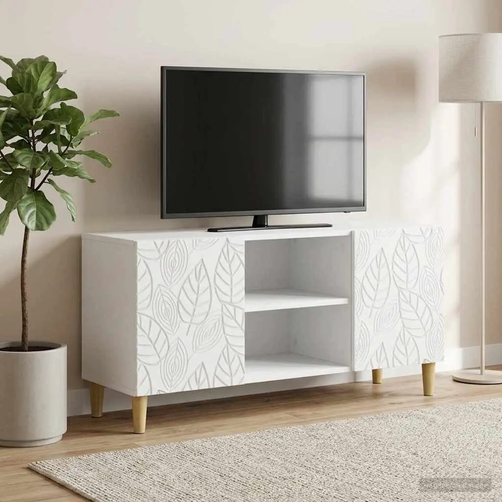 White Engineered Wood TV Stand Living Room Storage Unit with Swing Doors 102x34.5x50cm