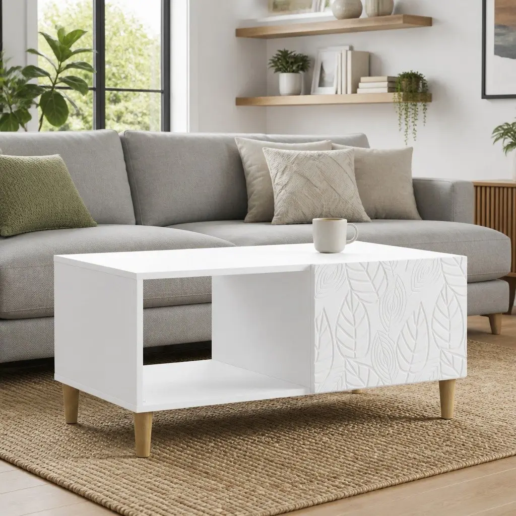 Rectangular Coffee Table White Engineered Wood with Storage Shelf for Living Room