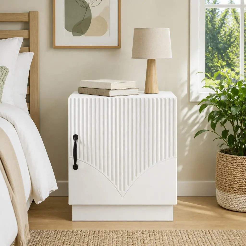 Bedside Table Engineered Wood 43 x 34.5 x 47 cm White Storage Cabinet with Swing Hinge Door and Metal D-Pull Handles