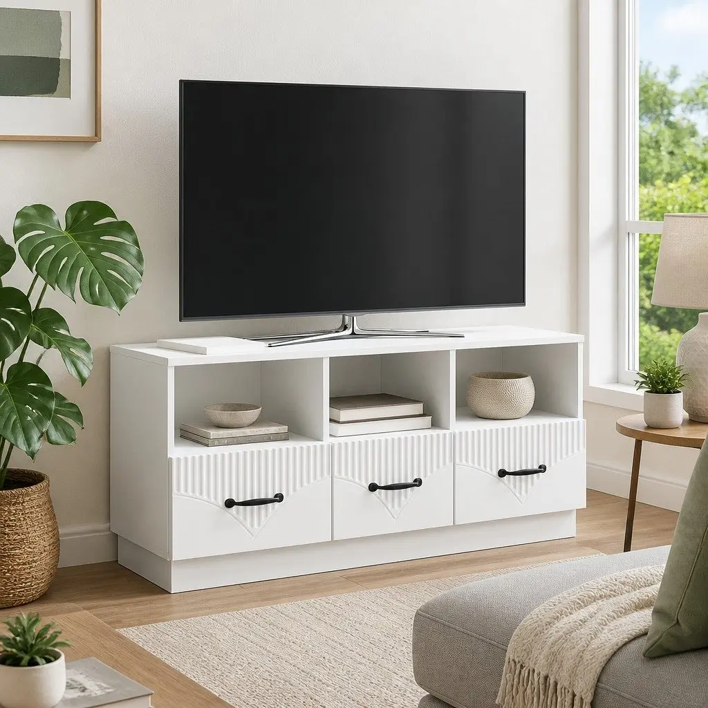 TV Stand Storage Unit Engineered Wood White with Drawer for Living Room