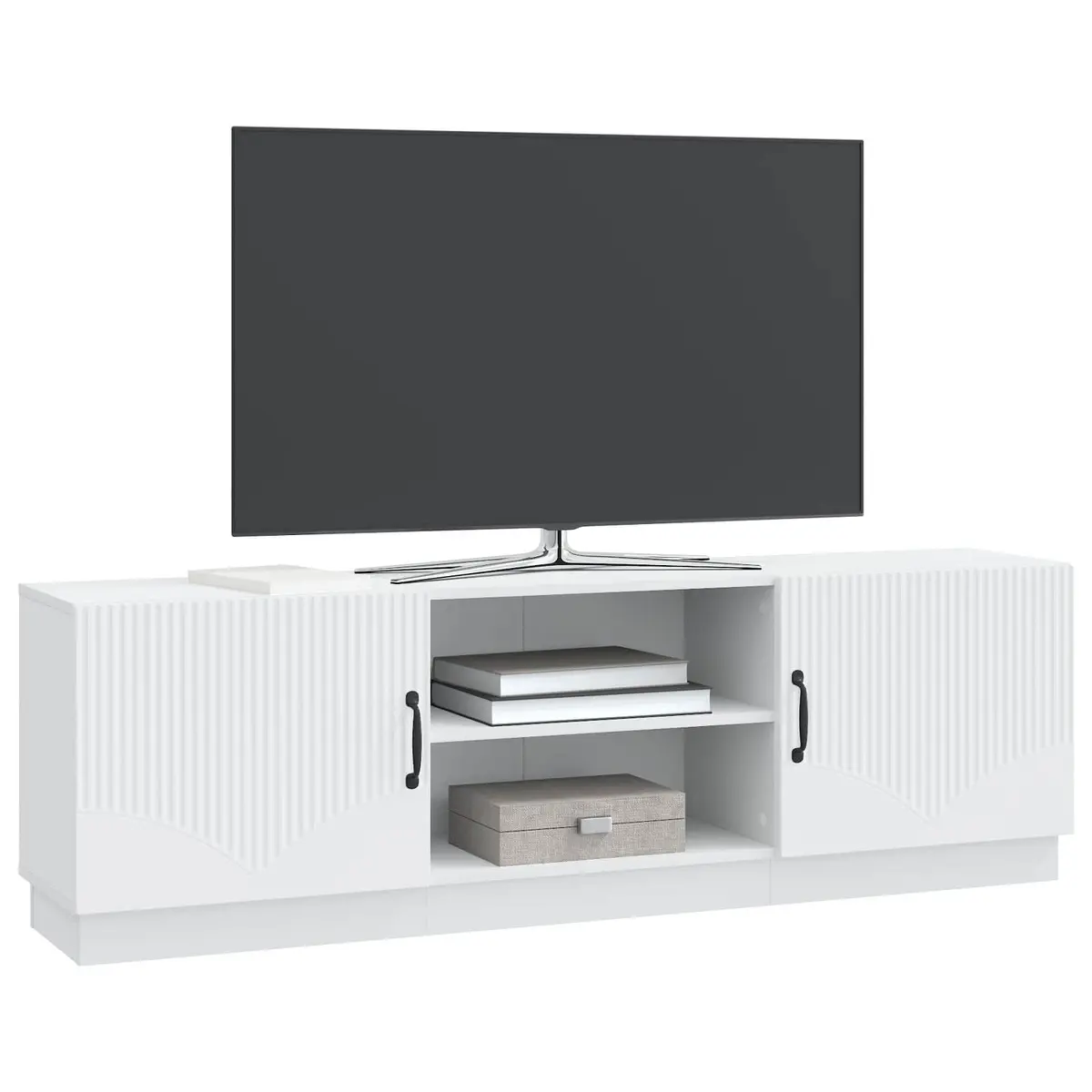 TV Cabinet White 150cm Modern Entertainment Unit Adjustable Shelves LED Lights