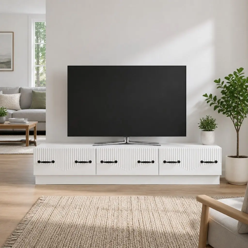TV Cabinet Entertainment Unit White Storage Shelves Drawer Engineered Wood