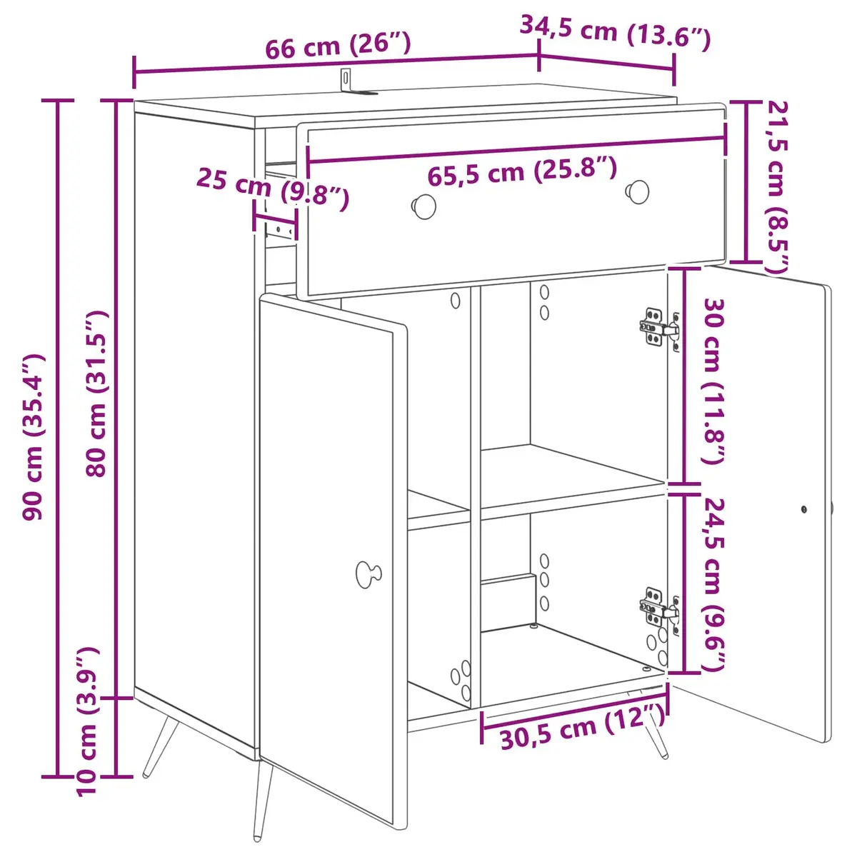White Sideboard Buffet Cabinet Engineered Wood 66 x 34.5 x 90 cm Modern