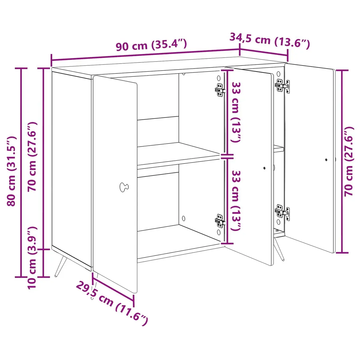 Engineered Wood Sideboard Storage Cabinet White 89cm x 34.5cm x 80cm Flexible for Living and Dining Room