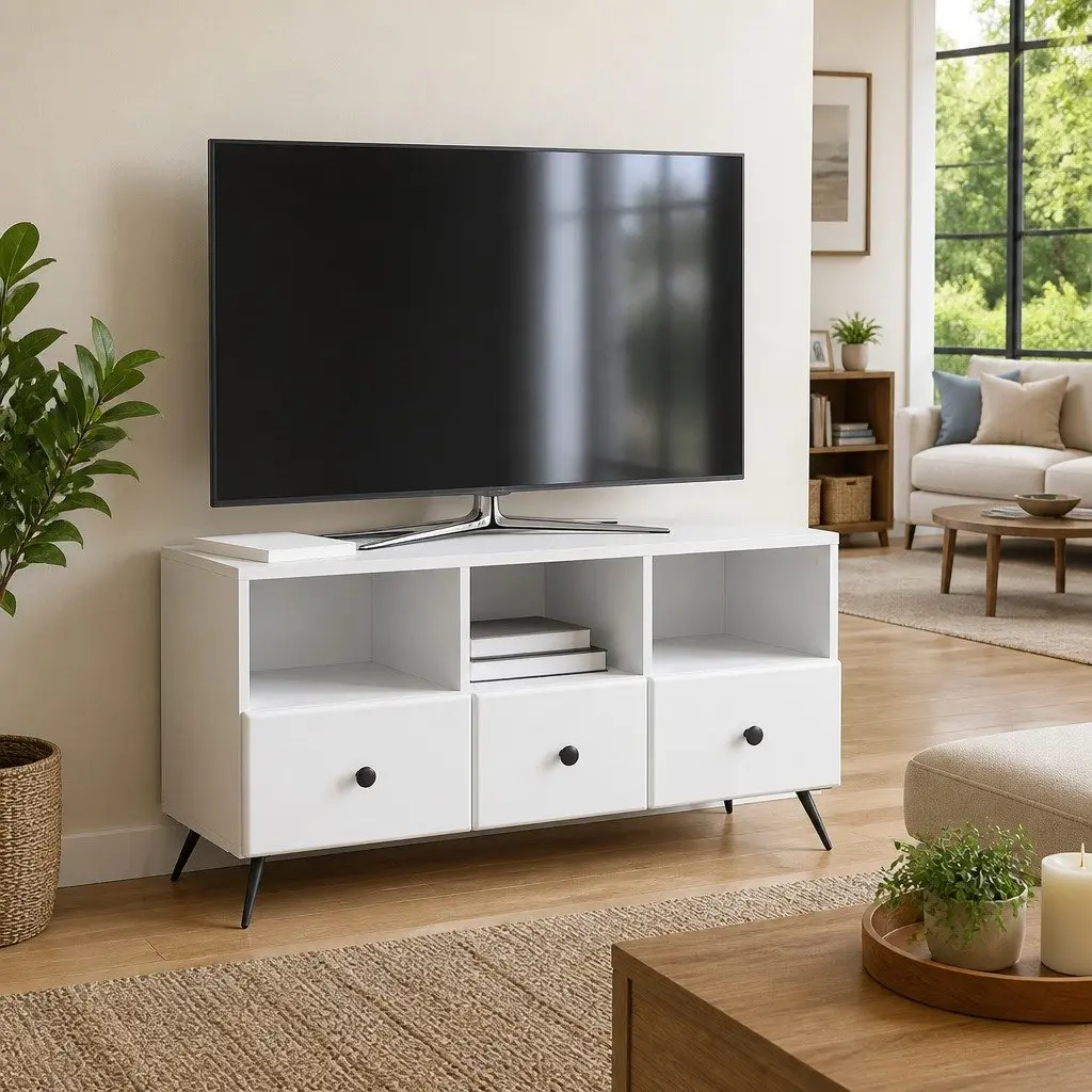 TV Cabinet Engineered Wood 102cm White Entertainment Unit with Storage Drawers Shelves