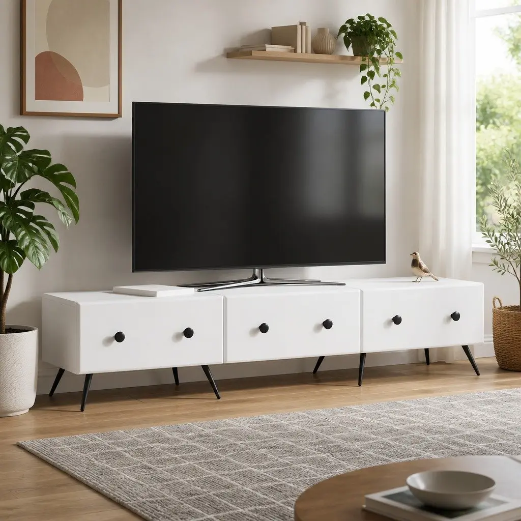 TV Cabinet Engineered Wood 147x34.5x30cm White Modern Entertainment Unit